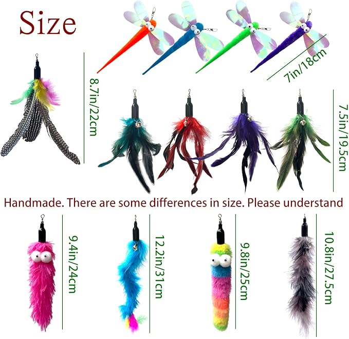 Cat Worm Toy Refills Cats Teaser Toys Wand Replacement Cat Wand Attachments 13Pcs Cat Worms and Dragonfly Refill,Cat Wand Toy Assorted Teaser Refills with Bell (13Pcs)