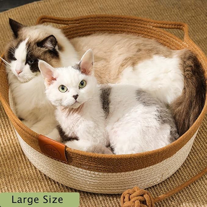 Handwoven Cotton Rope Cat Bed Cat Hammock Foldable Sleeping Nest Basket Handmade Natural Cradle Scratcher Cuddler for Kitten Cute Style with a Playing Rope Ball