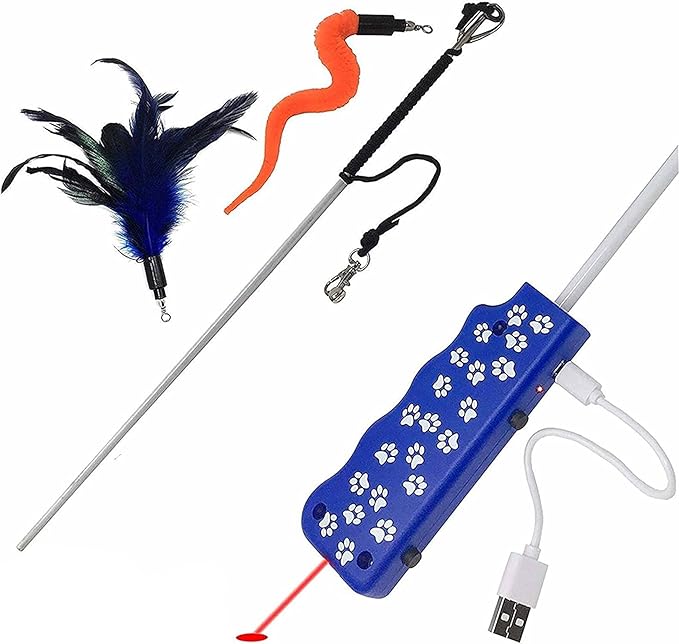 Pet Fit For Life Rechargeable Pet-Safe Combination LED Chaser and Cat Teaser Wand with Feather Toy and Interactive Squiggly Worm - Mimics Bird Chirping Sounds
