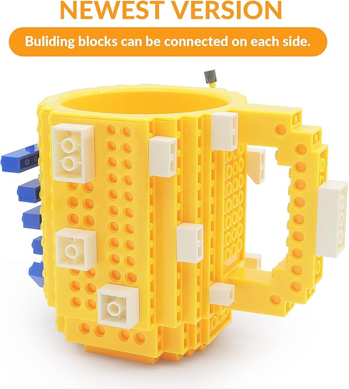Build-on Brick Coffee Mug, Funny DIY Novelty Cup with Building Blocks Creative for Kids Men Women Xmas Birthday (Yellow)