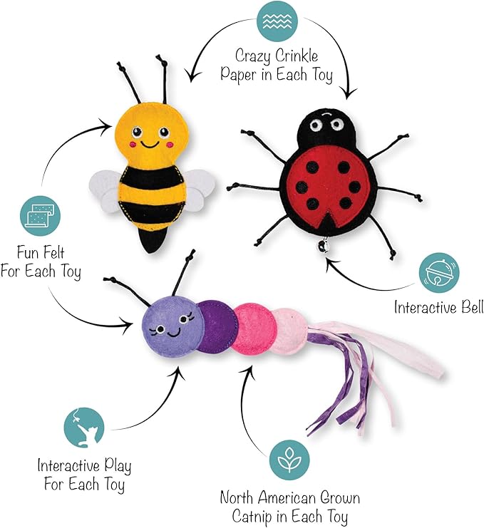 Fringe Studio "Living The Bug Life, Set of 3, Cat Toy Mini Sets, Pet Shop Collection (904041)