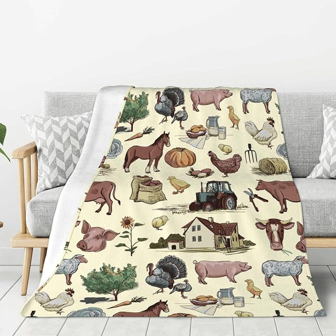 Farm Animal Blanket Throw 80"x60", Plush Flannel Cow Chicken Horse Pig Sheep Blanket, Soft Warm Decorative for Kids Women Adults