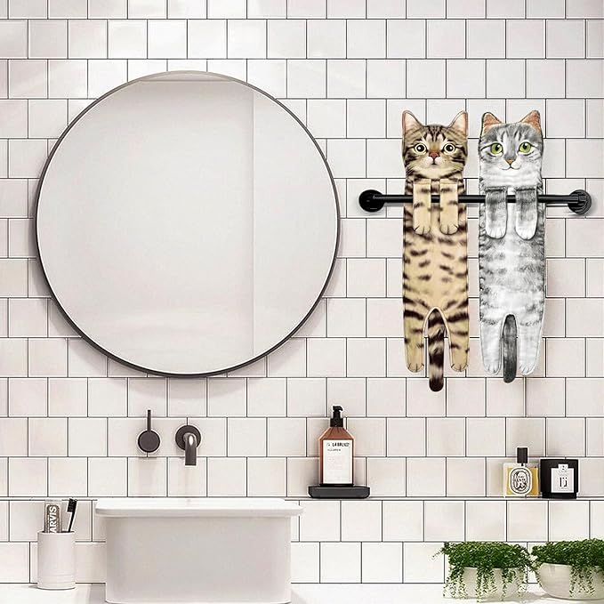 Cat Funny Hand Towels for Bathroom Kitchen- Cute Decorative Kitten Decor Hanging Face Towels- Unique Housewarming Valentines Mothers Birthday Gifts for Women Mom Cat Lovers