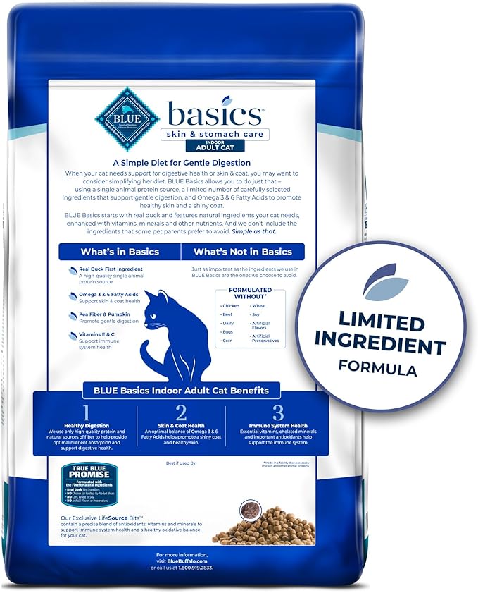 Blue Buffalo Basics Grain-Free Dry Cat Food, Skin & Stomach Care, Limited Ingredient Diet for Indoor Cats, Duck & Potato Recipe, 11-lb. Bag