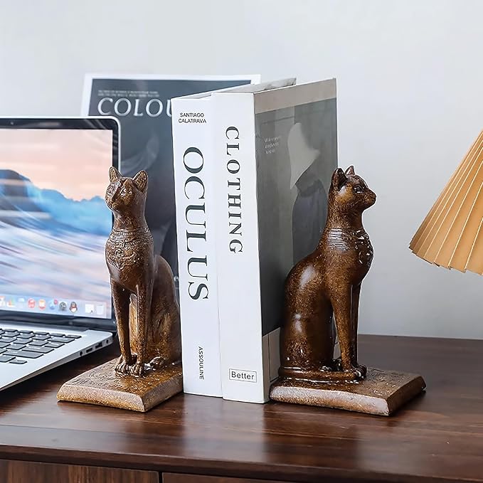 Book Ends Retro Cat Decorative Bookends, Vintage Antique Heavy Duty Egyptian Cat Hold Books Collectors, Black Decor for Office/Shelves/Living Room Father (Wood Grain)