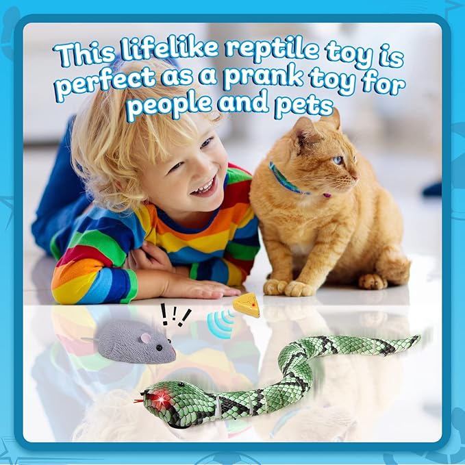 Cat Toys Interactive Kitten Toys Snake RC&Sensing Mouse and Smart Sensing Snake Toy-2pcak,USB Rechargeable,Automatically Sense Obstacles and Escape for Indoor Cats Dogs(Green Snake and mice)