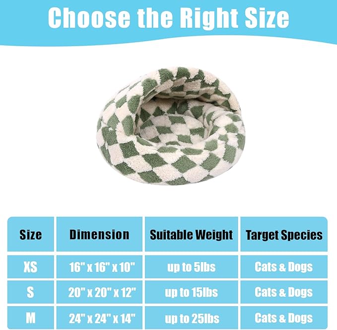 Dog Beds for Small Dogs, Cat Bed Cave, Washable Cute Cat Bed, Cozy Nook Pet Bed for Dogs or Cats, Anti-Slip Puppy Bed Fits up to 22 lbs Pets(Grid Green, 24" x 24")