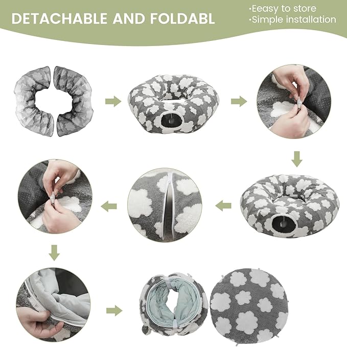 Cat Tunnel Bed for Indoor Cats,Soft Plush Peekaboo Cat Donut Tunnel with Washable Circle Cushion, Round Pet Play Tunnel Toy for Kitten Puppy Rabbit Ferret Green