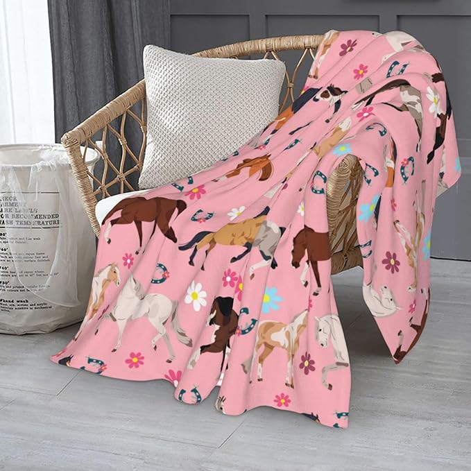 Horse Blanket Throw 80"x60", Plush Flannel Horses Flowers Blanket, Soft Warm Decorative for Kids Women Adults Horse Lovers