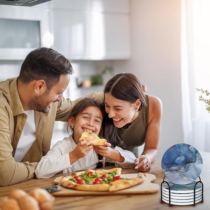 Blue Marble Fluid Set of 6 Coasters for Drinks Absorbing Round Ceramic Stone Coaster with Cork Base,Tabletop Protection Mat for Mugs and Cups,Office,Kitchen