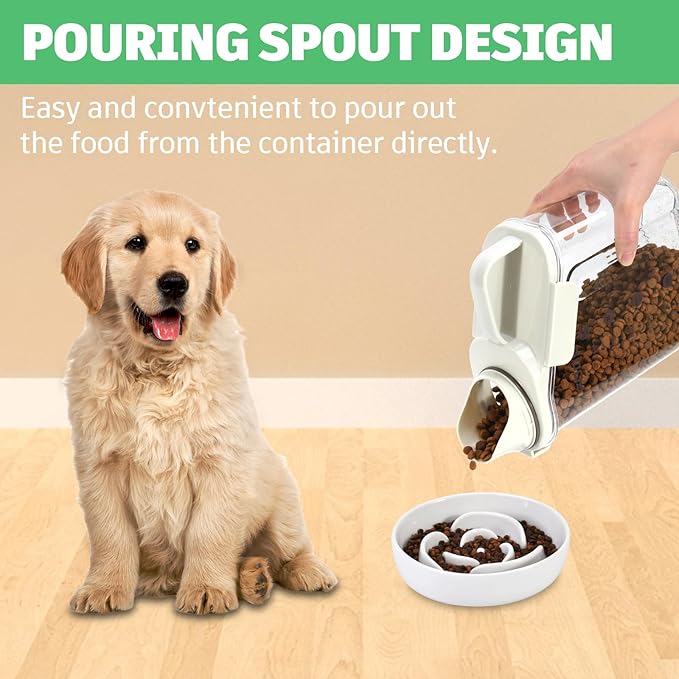 Dog Food Container Small, Pet Food Container with Airtight Pour Spout, Cat Food Storage Container with Measuring Cups, Portable Smal Dog Food Container for Dogs Cats Birds (White)