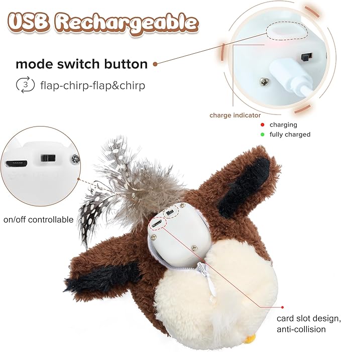 Cat Toys Intelligent Flapping Eaglet, Interactive Cat Toys for Indoor Cats Chase Exercise, Suitable for Cat Teaser Stick, Vivid Chirping, 3 Modes, Rechargeable