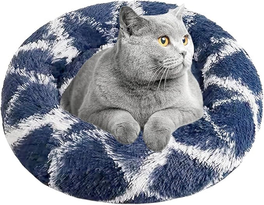 Dog Bed for Indoor, Faux Fur Calming Dog & Cat Bed 24' Anti-Anxiety Donut Soft Plush Cushion for Small Medium Dogs & Cats with Slip-Resistant Bottom(Cyan+White)