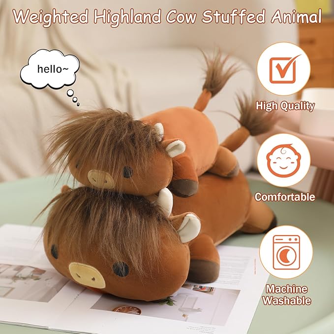 SQEQE Weighted Highland Cow Plush, Weighted Highland Cow Stuffed Animal, Cute Cow Plushies Soft Pillow Toy Gift for Kids Adults 23.6 Inch, 3.1 Lbs