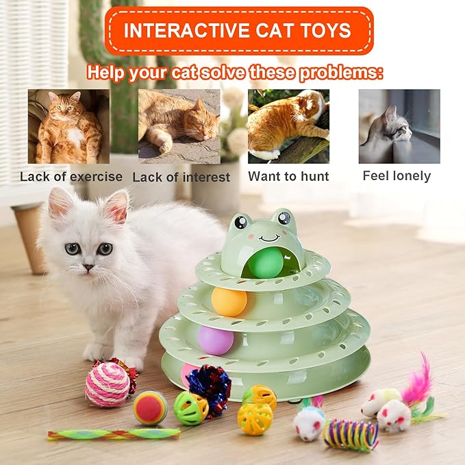 17 Pack Cat Toys, 4-Level Turntable Ball Track Interactive Cat Toy for Indoor Cats, Self Play Fun Roller with Colorful Rotating Ball Puzzle Exercise Kitten Toys Set