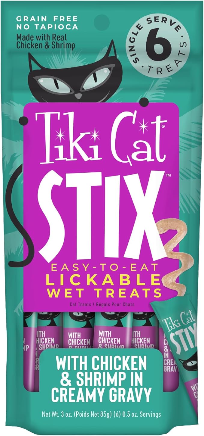 Tiki Cat Stix Mousse Treats, Single Serve Indulgent Lickable Treat or Dry Food Topper, Chicken and Shrimp in Creamy Gravy, 0.5 oz. Servings (72 Count)