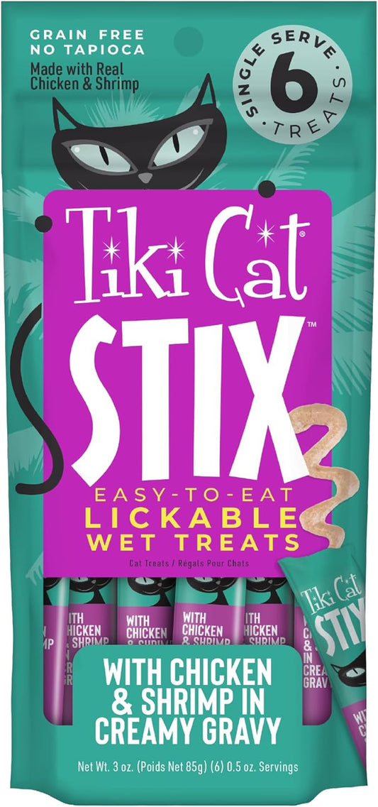 Tiki Cat Stix Mousse Treats, Single Serve Indulgent Lickable Treat or Dry Food Topper, Chicken and Shrimp in Creamy Gravy, 0.5 oz. Servings (72 Count)