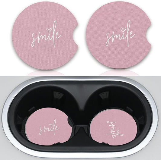 2pcs Car Cup Holder Coasters, Universal Auto Anti Slip Smile Design Pink Coasters, Rubber Car Coasters with A Finger Groove, Cute Car Accessories for Women&Men