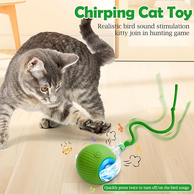 Interactive Cat Toy - Cat Toys for Indoor Cats Smart Silicone Rolling Ball with Tail,Bird Sound,Obstacle Avoidance and Motion Activated,Kitten Puzzle Toys for Bored Indoor Adult Cats & Dogs (Green)