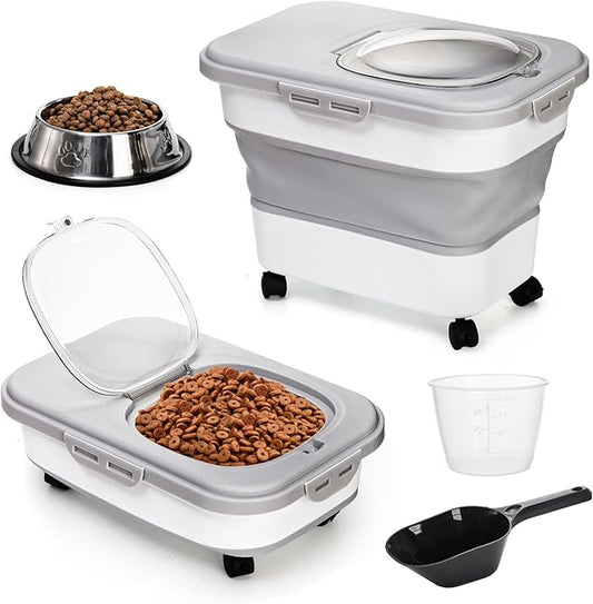Dog Food Storage Container, Collapsible Airtight Pet Cat Food Bin with Dog Bowl, Wheels, Scoop and Measuring Cup, 20 Lb Kitchen Rice Cereal Flour Bin, Keep Fresh for Dog, Cat, Bird