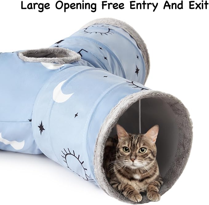 Tempcore Pet Cat Tunnel Tube Cat Toys 3 Way Collapsible, Cat Tunnels for Indoor Cats Fleece-Lined in for Warmth，Kitty Tunnel Bored Cat Pet Toys Peek Hole Toy Ball Cat, Puppy, Kitten, Rabbit Blue Sun