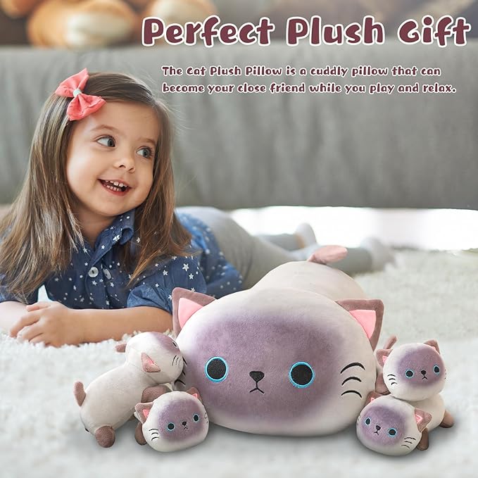 Siamese Cat Plush Cute Siamese Cat Stuffed Animal Pillow with 4 Baby Plushies in Her Tummy, Soft Cotton Stuffed Animals Toy Gifts for Kids