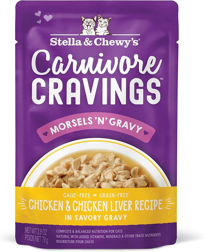 Stella & Chewy’s Carnivore Cravings Morsels & Gravy Chicken & Chicken Liver Recipe Wet Cat Food Pouches – (2.8 Ounce Cans, Case of 12)