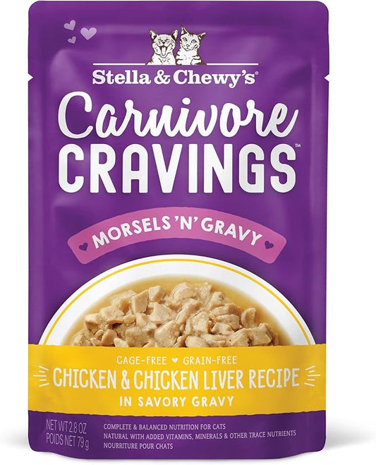 Stella & Chewy’s Carnivore Cravings Morsels & Gravy Chicken & Chicken Liver Recipe Wet Cat Food Pouches – (2.8 Ounce Cans, Case of 12)