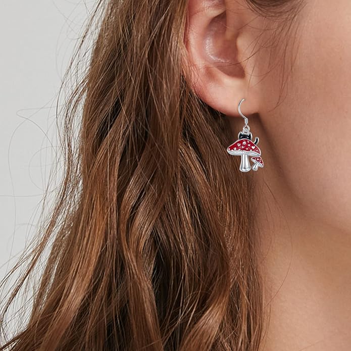 Black Cat Earrings 925 Sterling Silver Mushroom Cat/Black Cat/Panda/Sloth/Capybara/Boston Terrier/Shih Tzu Dangle Earrings Cute Animal Drop Earrings Jewelry Gifts for Women