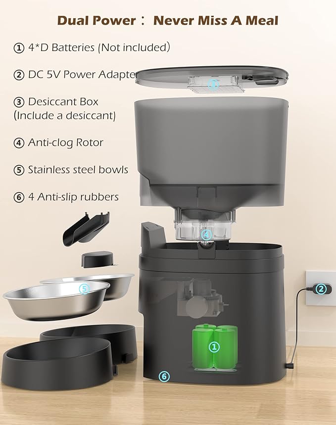HoneyGuaridan 6.5L Automatic Cat Feeder for 2 Cats,Wi-Fi Smart Pet Feeder,Timer Cat Food Dispenser for Cats & Dogs, APP Control,Desiccant, Voice Recorder Black