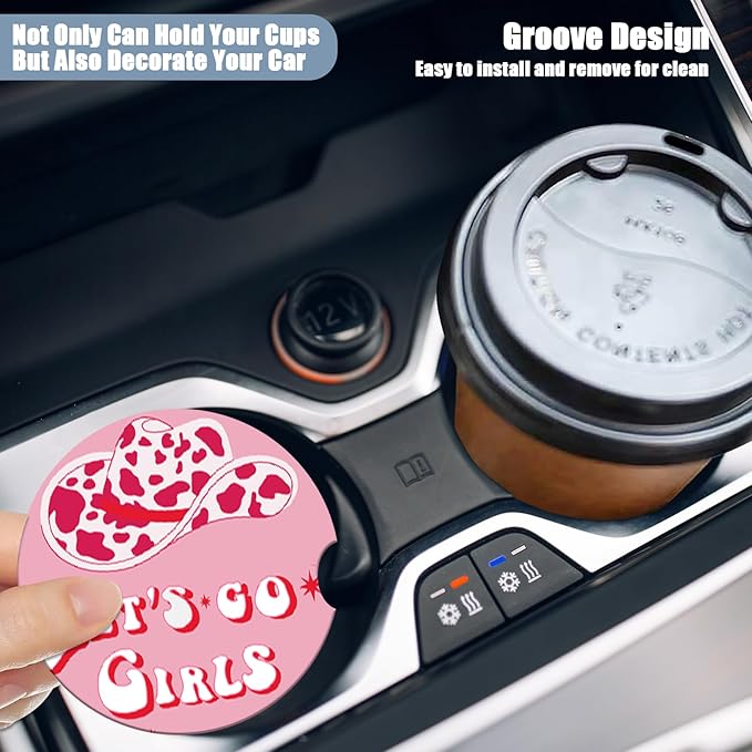 Car Cup Holder Coaster - Cow Hat Let's go Girl Women Absorbent Ceramic Coaster, Car Coasters for Cup Holders, Auto Accessories for Women & Men, Pack of 2