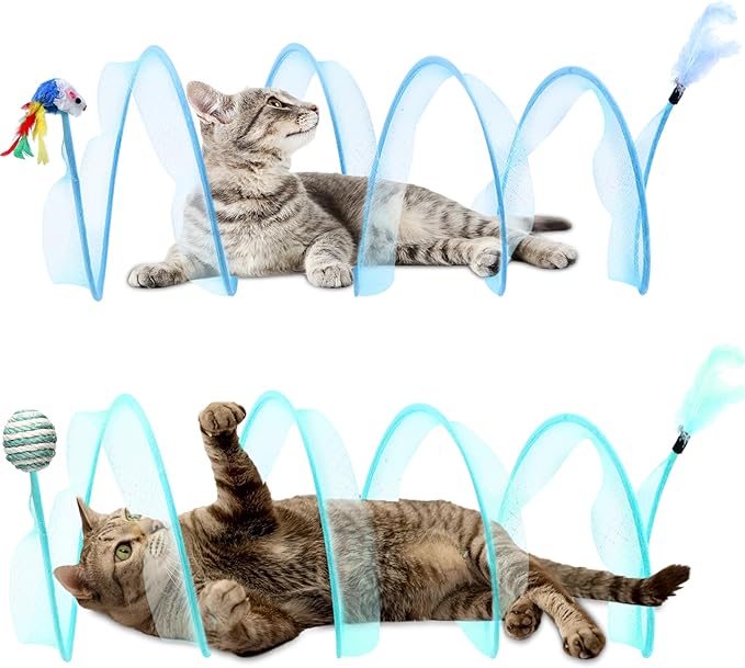 2 Pcs Folded Cat Tube Tunnel Interactive Spring Cat Tunnel Toy for Indoor Cats Exercise, Cat Tunnel Bed for Kitten, Cat Donut Tunnel Whisker Twister with Feather Mouse Toys, Blue & Green