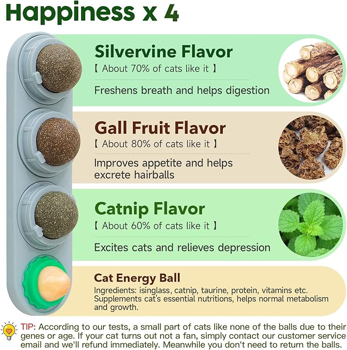 Potaroma 4 Catnip Silvervine Ball Toys, Extra Cat Energy Ball, Edible Cats Lick Kitten Chew, Teeth Cleaning Dental Wall Treats, Concentrated Flavor for All Breeds