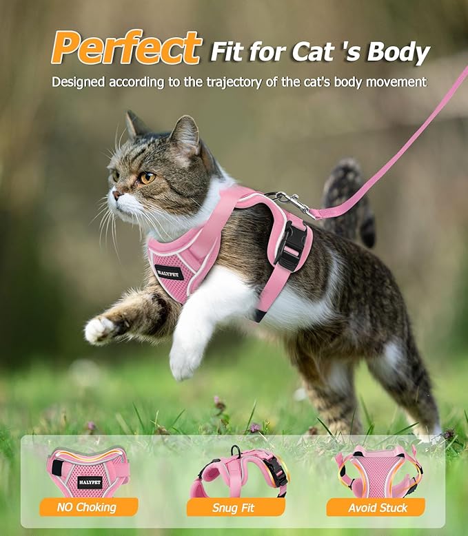 Halypet Cat Harness and Leash Set [MAX Safety 4th-Gen Upgrade] Escape Proof Adjustable Cat Leash Comfortable Soft Vest Easy to Wear Kitten Harness with Reflective Strip for Cats Walking, M Pink