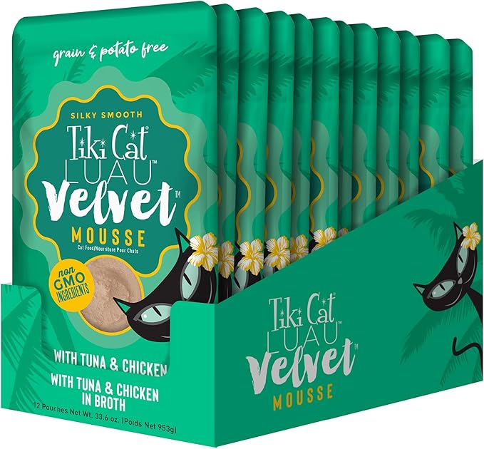 Tiki Pets Tiki Cat Velvet Mousse Grain-Free Wet Food with a Silky-Smooth Texture for Adult Cats & Kittens, 2.8oz, 12pk, Tuna & Chicken, 48005