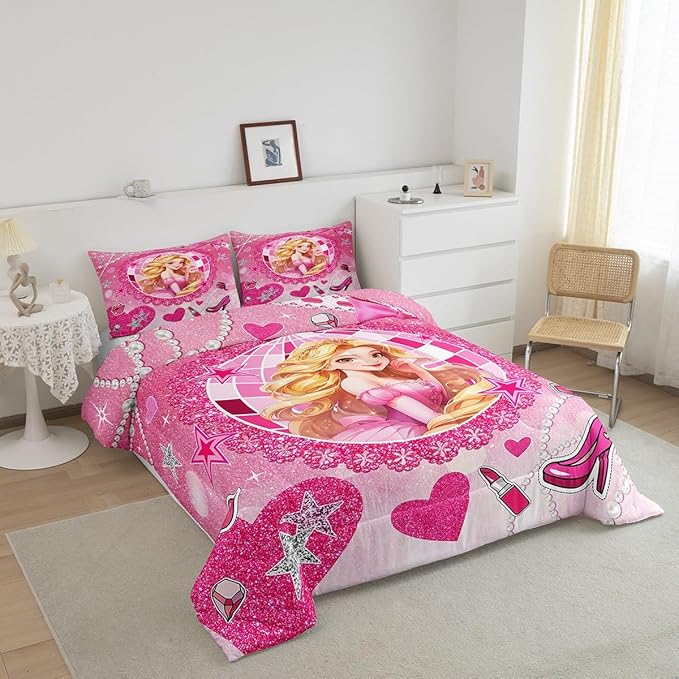 Castle Princess Kids Comforter Set Twin Size,High-heeled Shoes Lip Bowknot Fashion Bedding Set,Girls Women Room Decor,Glitter Stars Sequins Down Comforter,Pink Romantic Duvet Insert,1 Pillowcase
