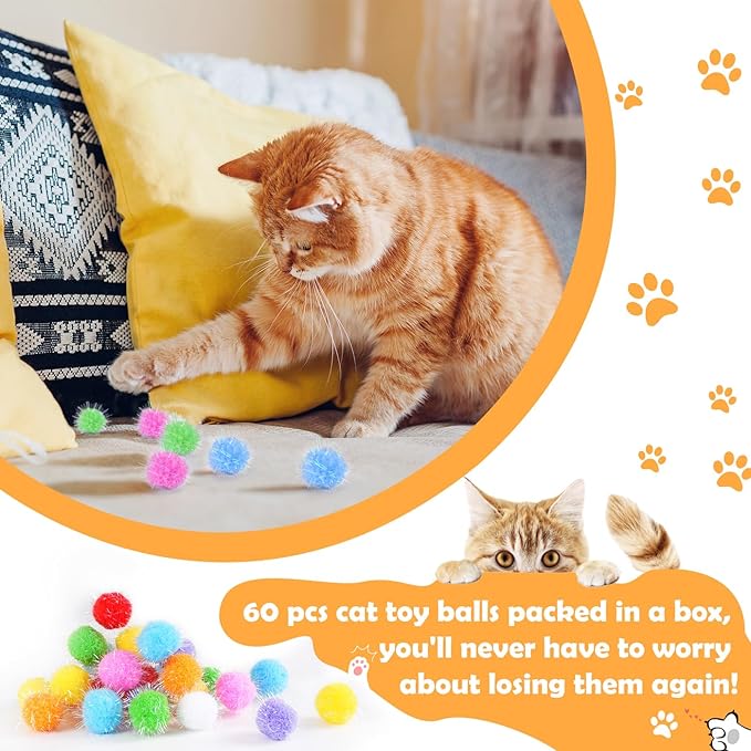 DF DUALFERV 60 Pcs Cat Pom Pom Balls, Interactive Pom Pom Cat Toys, Sparkle Balls for Cats, Extra Large Fuzzy Cat Balls for Exercise and Entertainment, Multicolor, 1.5 Inch
