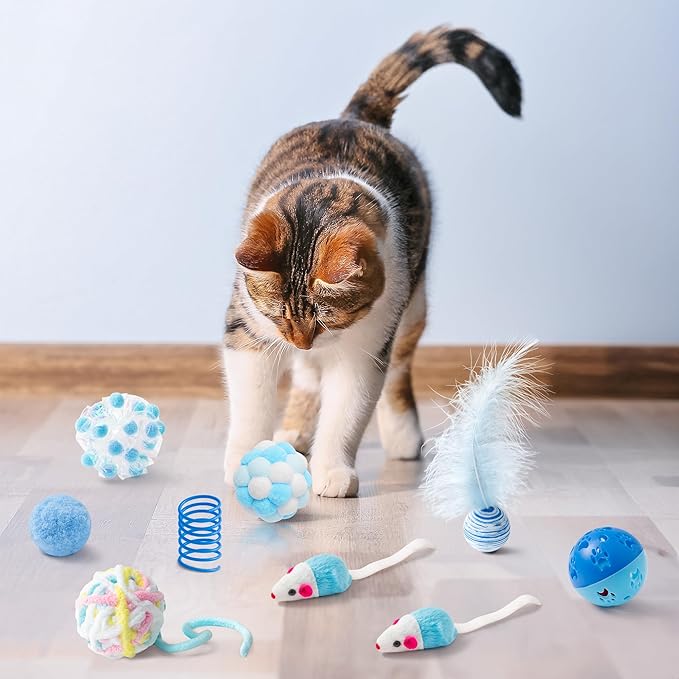 MALLMALL6 10Pcs Cat Toy Set Interactive Cat Toys Pack Including Feather Teaser Wand Cat Springs Mice Crinkle Balls and Pet Bell Balls, Puzzle Toys for Indoor Cats Gift (Blue)