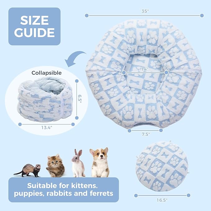 PEQULTI Cat Tunnel with Cat Bed for Indoor Cats, Cat Play Donut Tunnel with Washable Soft Plush Mat, Round Cat Tunnel Toys Cute Cat Tube for Kittens, Puppies, Rabbits and Ferrets, Blue