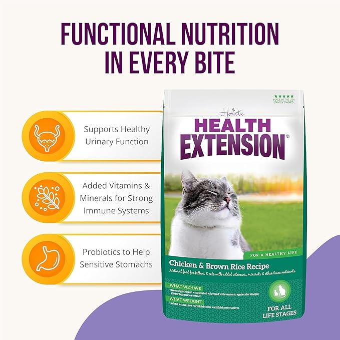 Health Extension Dry Cat Food, (4 lb / 1.81 kg) - Chicken & Brown Rice Recipe with Added Vitamins, Minerals, and Probiotics, Suitable for All Cats & Kittens (Pack of 2)