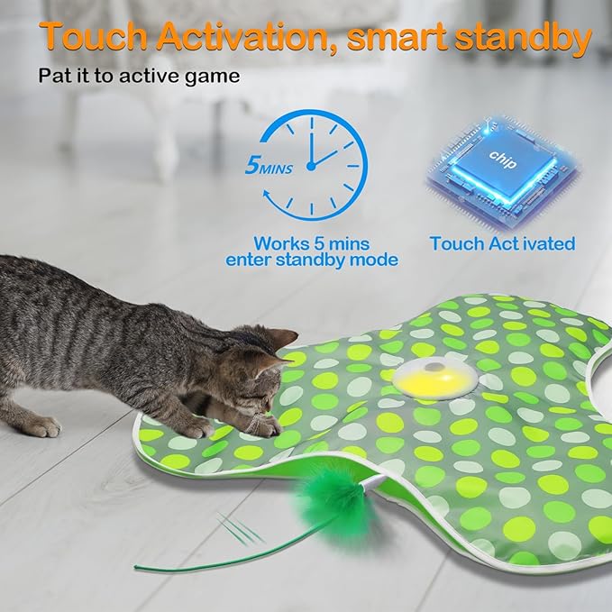 Interactive Cat Toys Rechargeable,Moving Concealed Feathers,Real Mouse Squeaky,Touch Activated Cat Kitten Toy Cat Exercise Toys for Indoor Bored Adult Cats