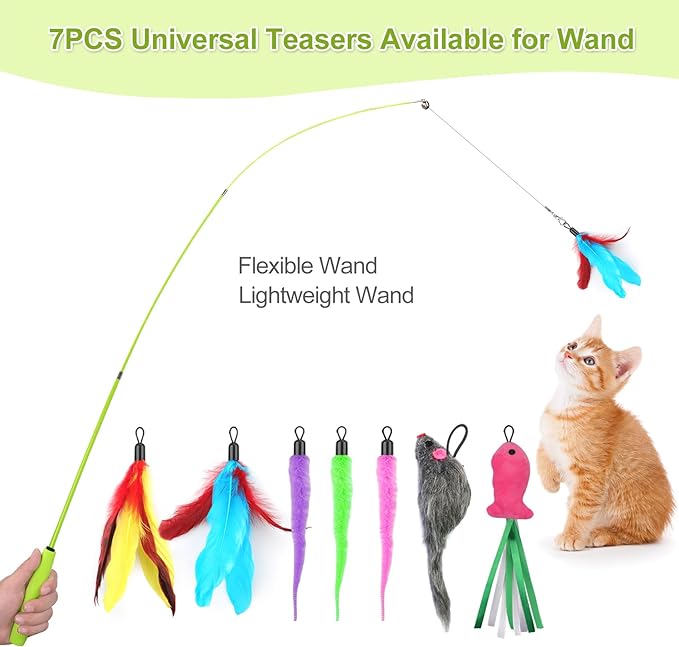 Cat Toys Interactive for Indoor Cats, 2 Retractable Cat Wand Toys, 2 Hanging Door Cat Toy with Mouse Fish, 5 Teaser Toys, Cat Feather Toys for Bored Indoor Adult Cats Kitten Stimulation Exercise Toys