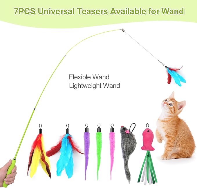 Cat Toys Interactive for Indoor Cats, 2 Retractable Cat Wand Toys, 2 Hanging Door Cat Toy with Mouse Fish, 5 Teaser Toys, Cat Feather Toys for Bored Indoor Adult Cats Kitten Stimulation Exercise Toys