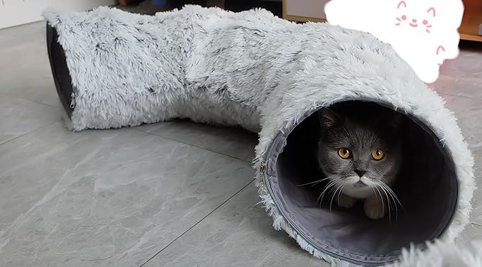 Plush Cat Tunnel Bed with Central Mat for Indoor Cat Kitten Puppy Rabbit,Under Christmas Tree Soft Plush Cat Play Tunnel, Peephole and Hanging Ball