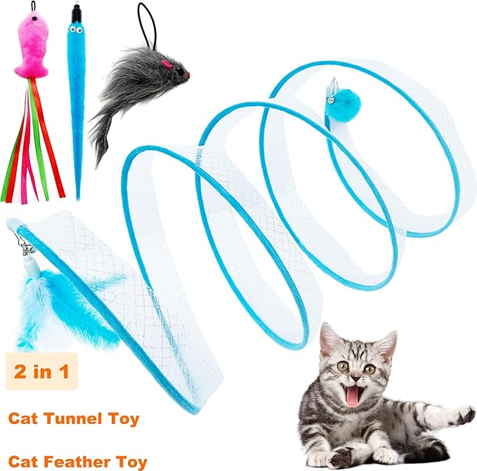 Spiral Tunnel Cat Toy, Self Play Cat Hunting Spiral Tunnel Toy Spiral Cat Toy, Folded Cat Tunnel Spring Toy for Indoor Cats (Blue)