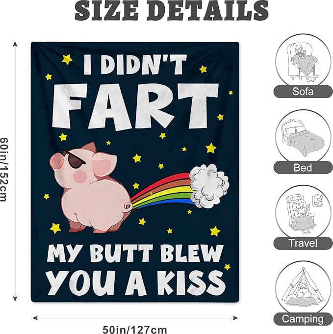 Pink Pig Throw Blanket 50"x60", I Didn't Fart My Butt Blew You a Kiss Funny Piggy Gifts, Cool Pigs in a Blanket for Pig Lovers, Piggy Birthday Party Decorations for Kids Boys Girls Women