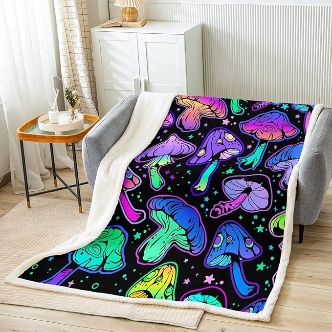 Neon Mushroom Blanket - Cute Kawaii Psychedelic Galaxy Space Travel Throw Blanket, Rainbow Fungus Fleece for Kids Boys Girls Room, Magic Mushroom Decor, Queen Size