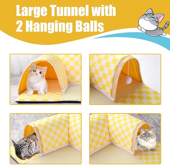 Plush Cat Donut Tunnel Bed for Indoor Cats，Waterproof Soft Peekaboo Cat Cave,Fuzzy Cat Tunnels with 2 Hanging Cat Ball Toys,Machine Washable Small Cat Bed,Warm & Cozy Pet Beds for Kitten,Yellow