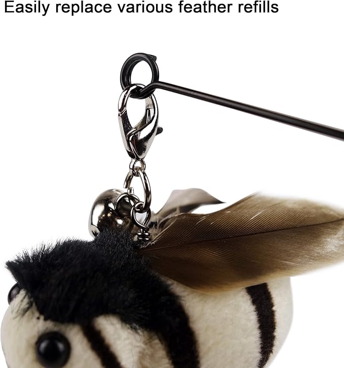 Interactive Bird and Insect Simulation Cat Toy Set with 4 Feather Refills, 29'' Flexible Steel Wire, Sturdy Wood Handle & Bell,Cat Wand Toys for Indoor Cat and Kitten.