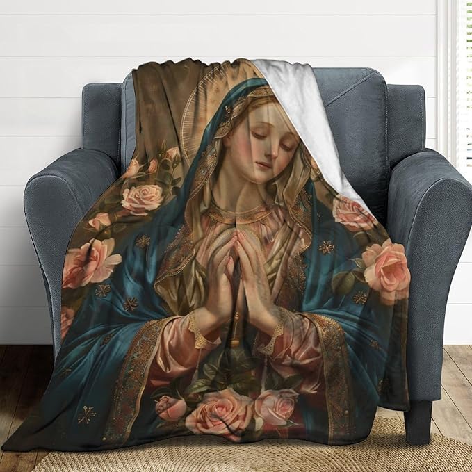 Virgin Mary Throw Blanket Catholic Religious Faith Mexican Mother of God Prayer Print Blankets Gifts for Couch Sofa Stuff Decor Cozy Fleece Plush Flannel Bedding for Lover Men Women Adults 50"x60"